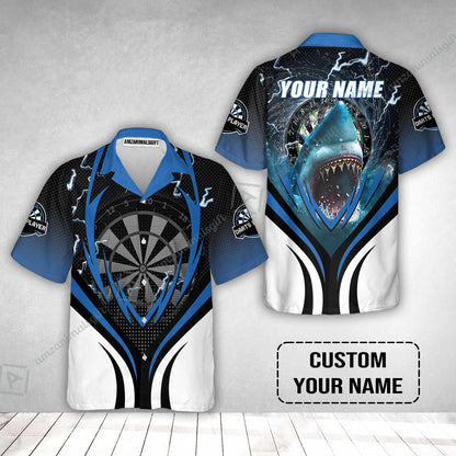 Shark And Darts Custom Name Hawaiian Shirt, Bullseye Dartboard Personalized Hawaiian Shirt