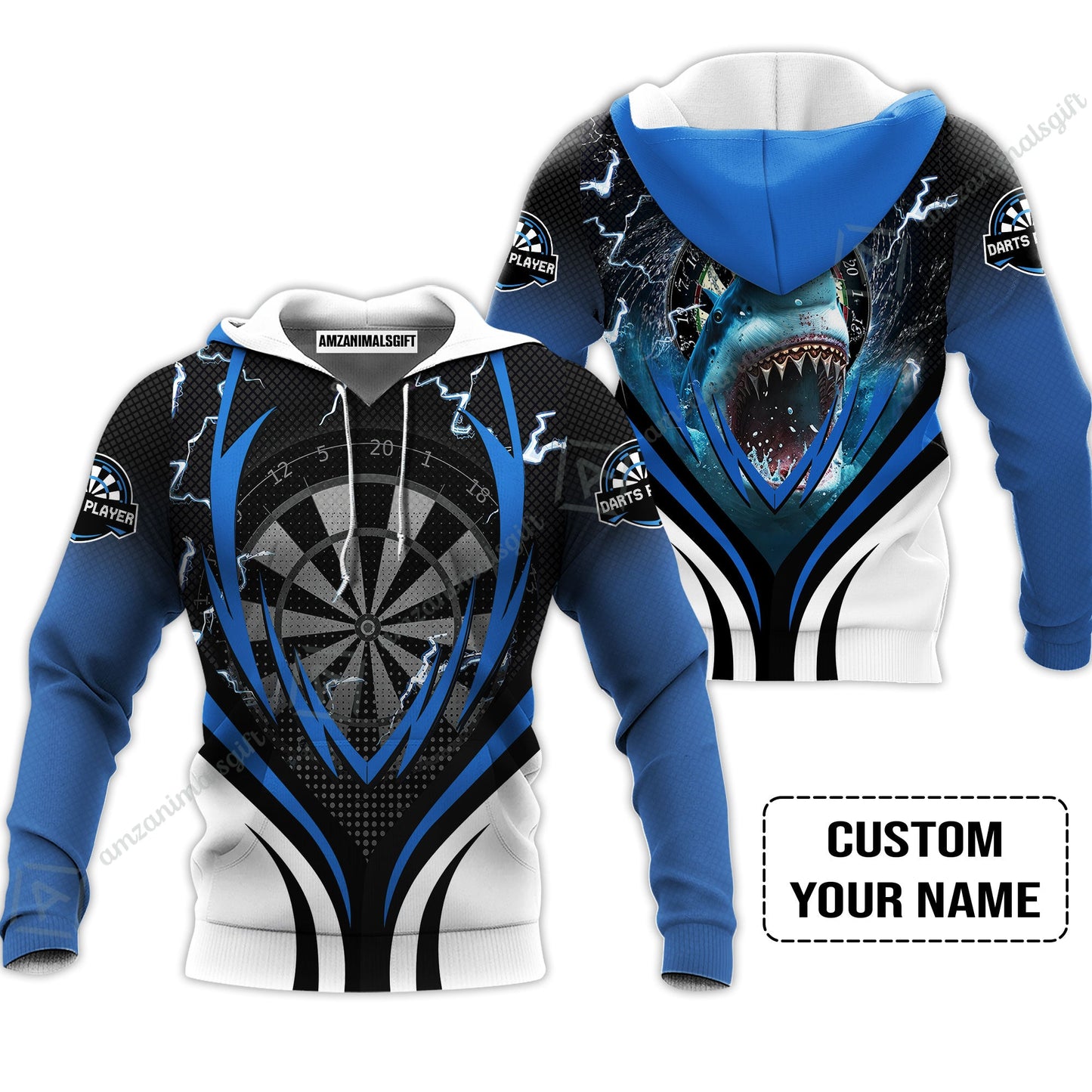 Shark And Darts Custom Name Long Polo Shirt, Bullseye Dartboard Personalized Long Polo Shirt