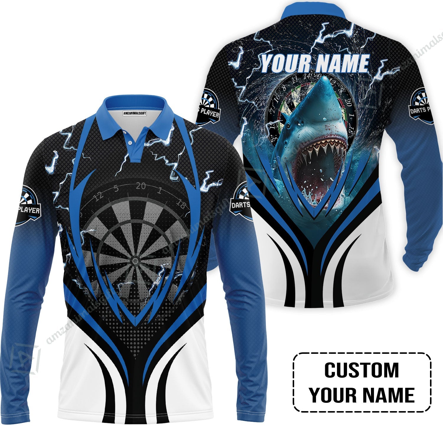 Shark And Darts Custom Name Long Polo Shirt, Bullseye Dartboard Personalized Long Polo Shirt
