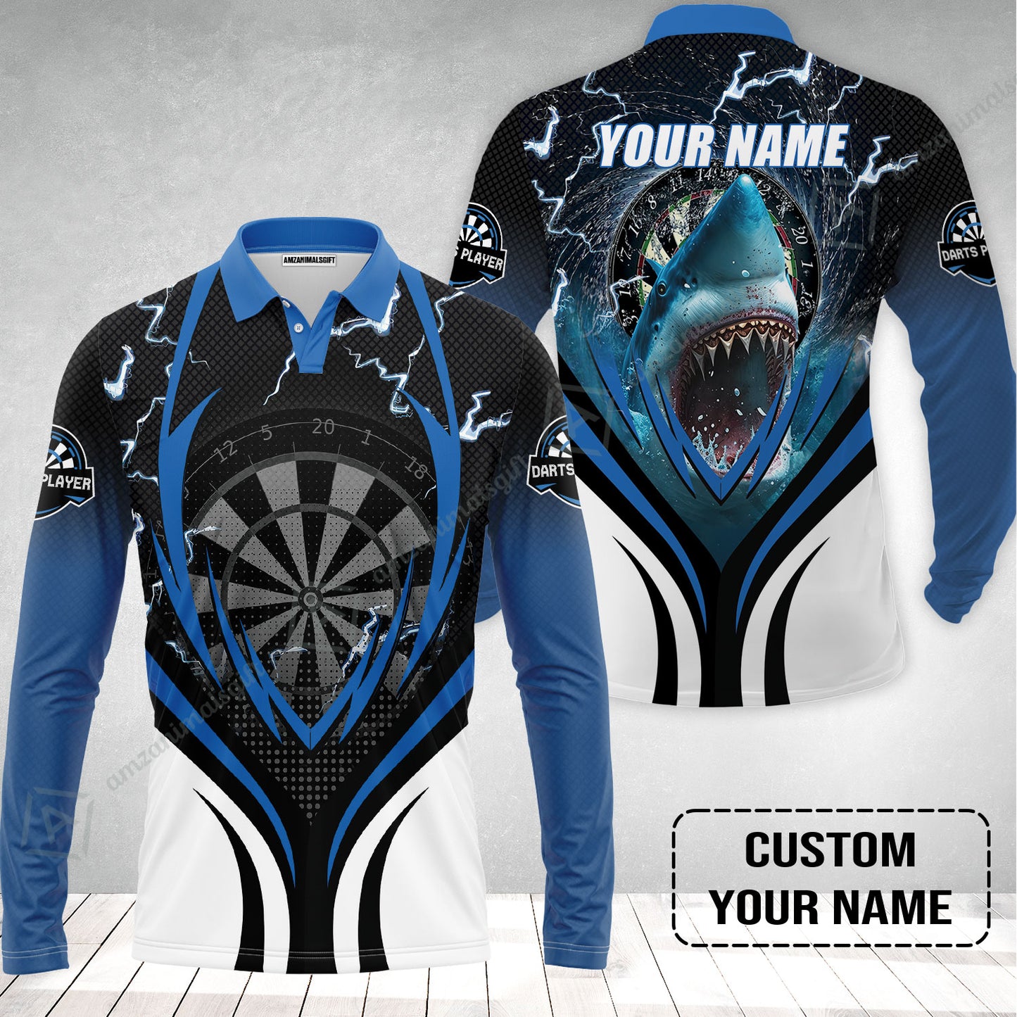 Shark And Darts Custom Name Long Polo Shirt, Bullseye Dartboard Personalized Long Polo Shirt