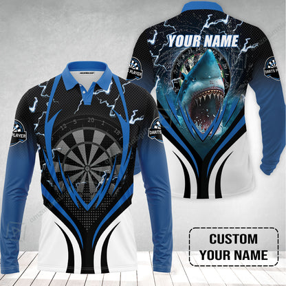 Shark And Darts Custom Name Long Polo Shirt, Bullseye Dartboard Personalized Long Polo Shirt