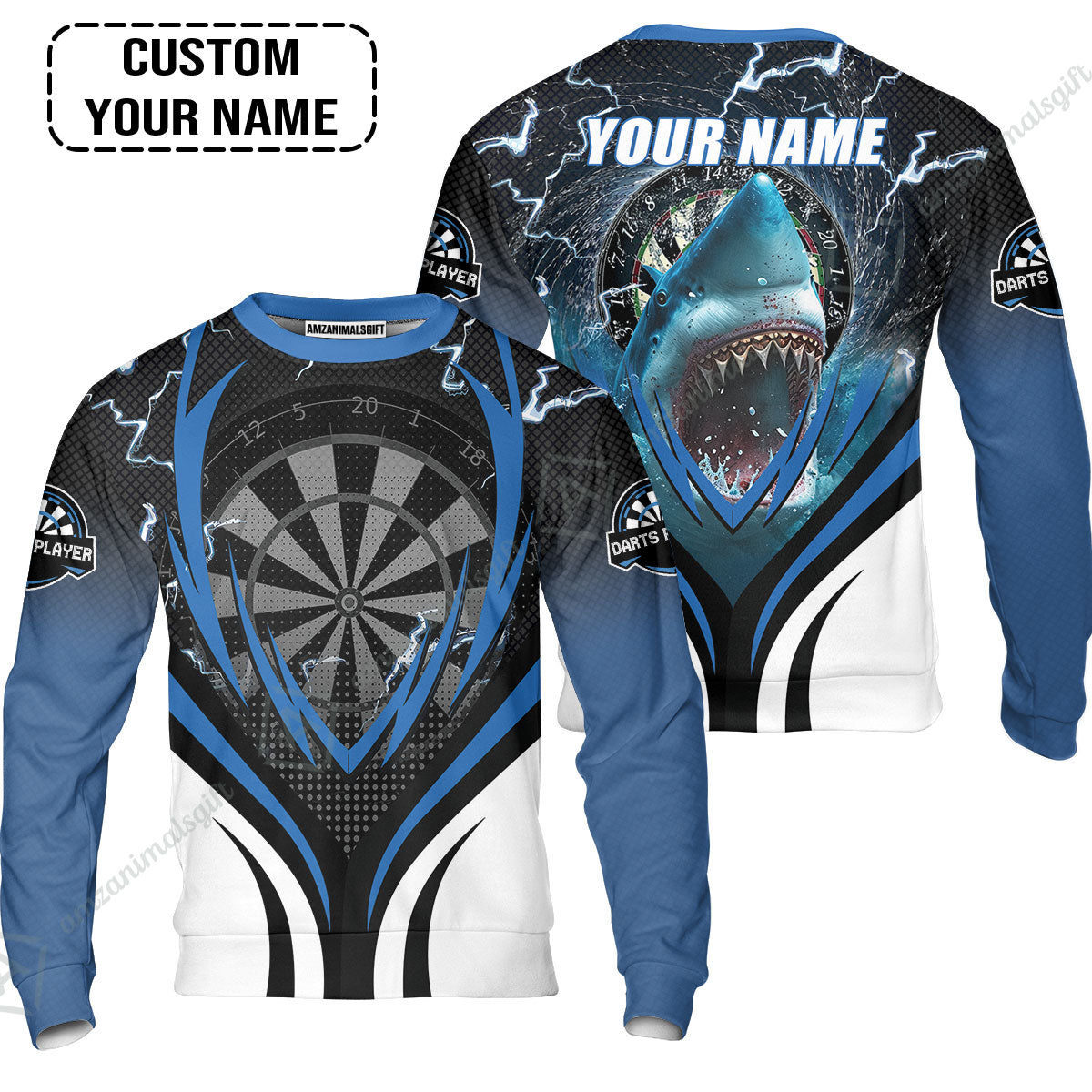 Shark And Darts Custom Name Sweatshirt, Bullseye Dartboard Personalized Sweatshirt
