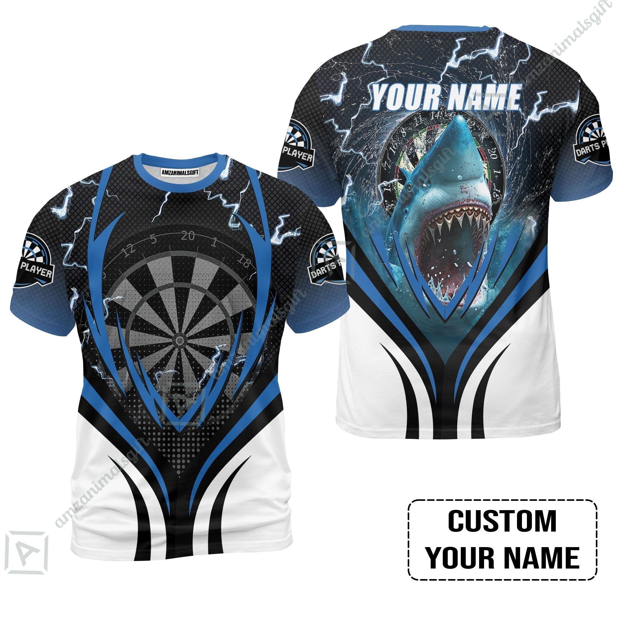 Shark And Darts Custom Name T-Shirt, Bullseye Dartboard Personalized T-Shirt