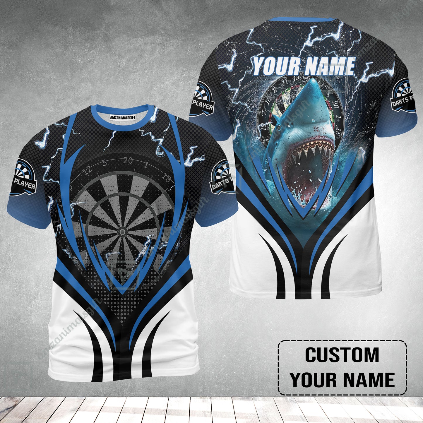 Shark And Darts Custom Name T-Shirt, Bullseye Dartboard Personalized T-Shirt