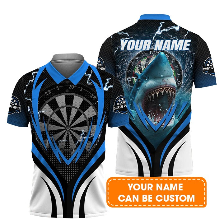 Shark And Darts Custom Name Men Polo Shirt, Bullseye Dartboard Personalized Men Polo Shirt