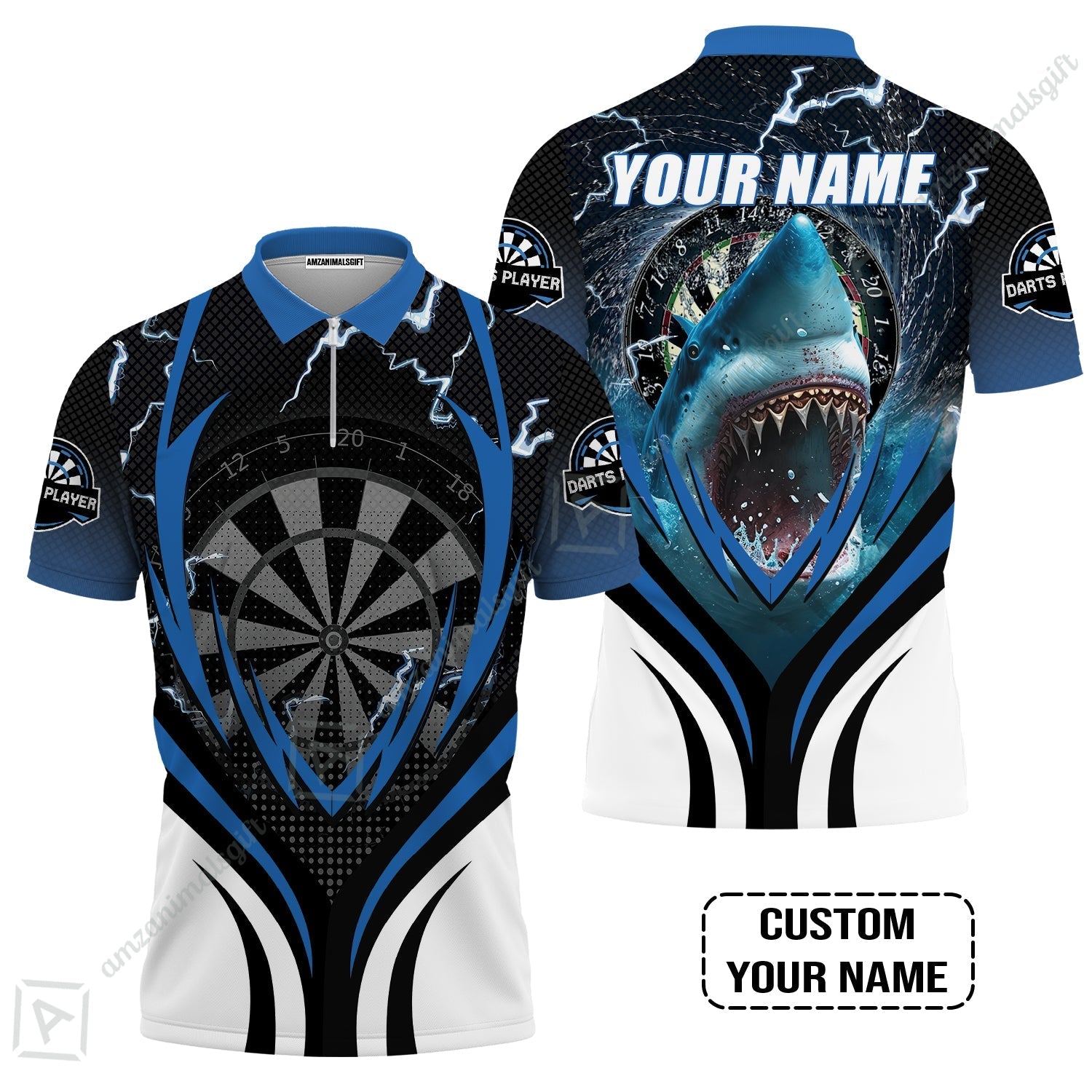 Shark And Darts Custom Name Zip Polo Shirt, Bullseye Dartboard Personalized Zip Polo Shirt