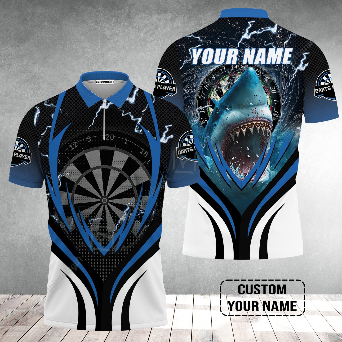 Shark And Darts Custom Name Zip Polo Shirt, Bullseye Dartboard Personalized Zip Polo Shirt