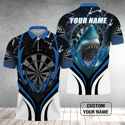 Shark And Darts Custom Name Zip Polo Shirt, Bullseye Dartboard Personalized Zip Polo Shirt
