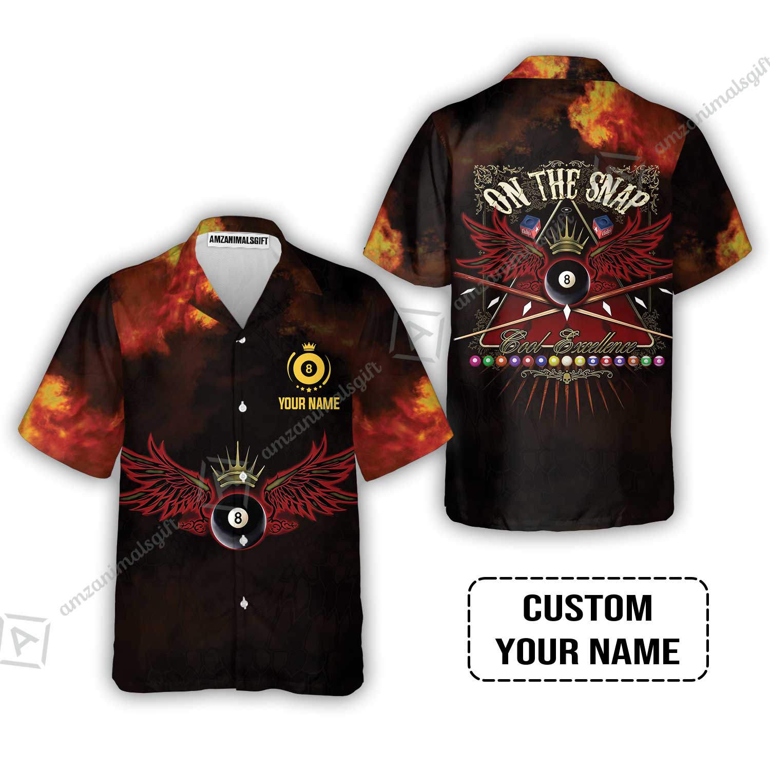 Custom Name Billiard Hawaiian Shirt, On The Snap Personalized 8 Ball Pool Billiards Hawaiian Shirt