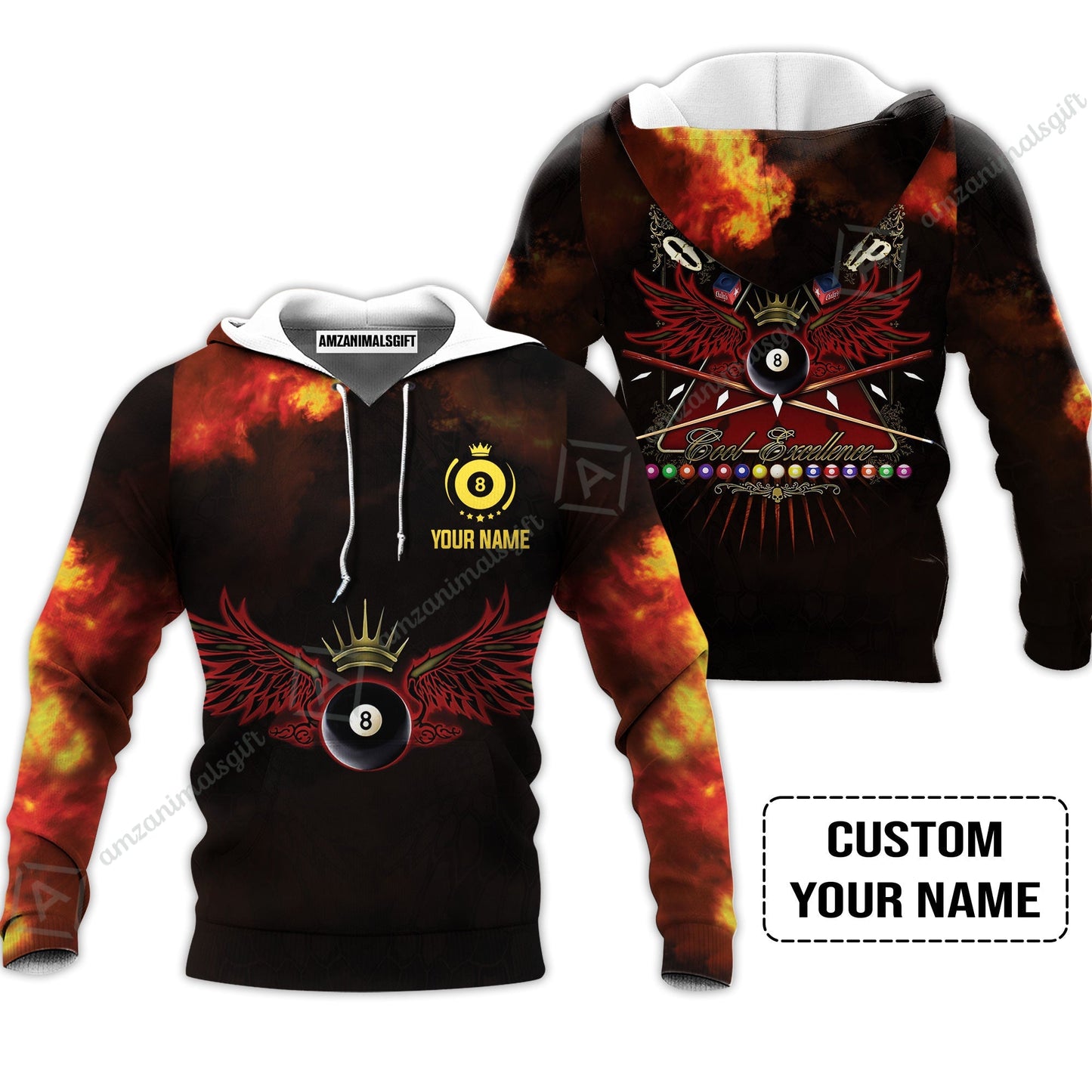 Custom Name Billiard Hoodie, On The Snap Personalized 8 Ball Pool Billiards Hoodie