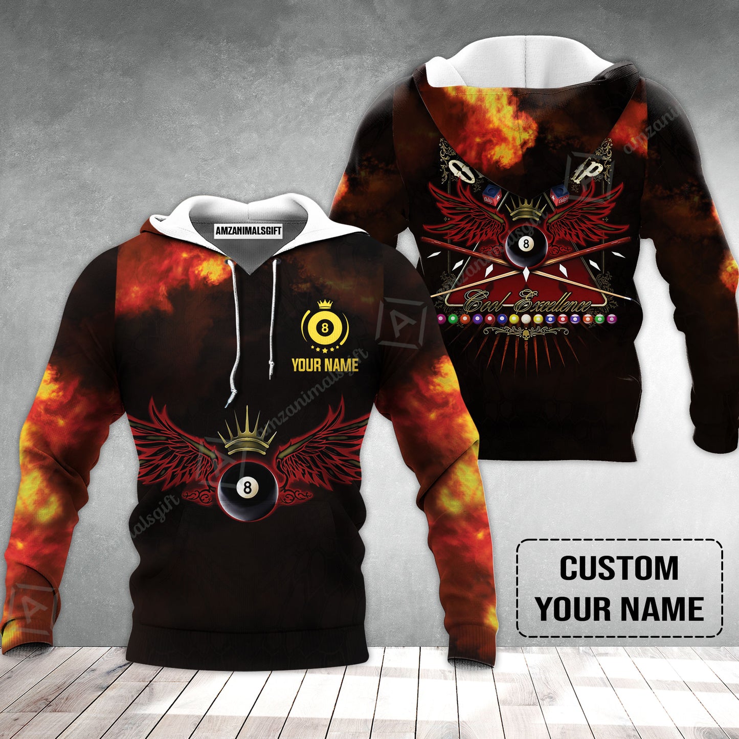 Custom Name Billiard Hoodie, On The Snap Personalized 8 Ball Pool Billiards Hoodie