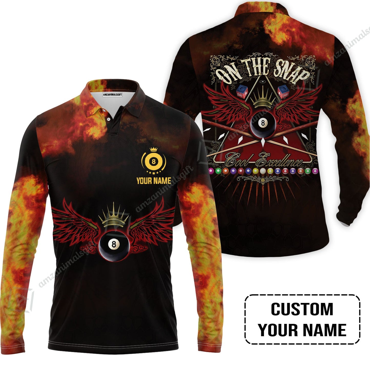 Custom Name Billiard Long Polo Shirt, On The Snap Personalized 8 Ball Pool Billiards Long Polo Shirt