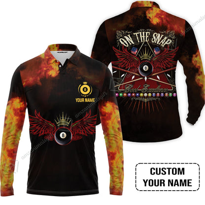 Custom Name Billiard Long Polo Shirt, On The Snap Personalized 8 Ball Pool Billiards Long Polo Shirt
