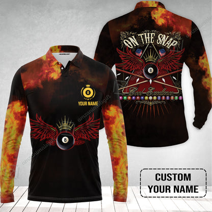 Custom Name Billiard Long Polo Shirt, On The Snap Personalized 8 Ball Pool Billiards Long Polo Shirt