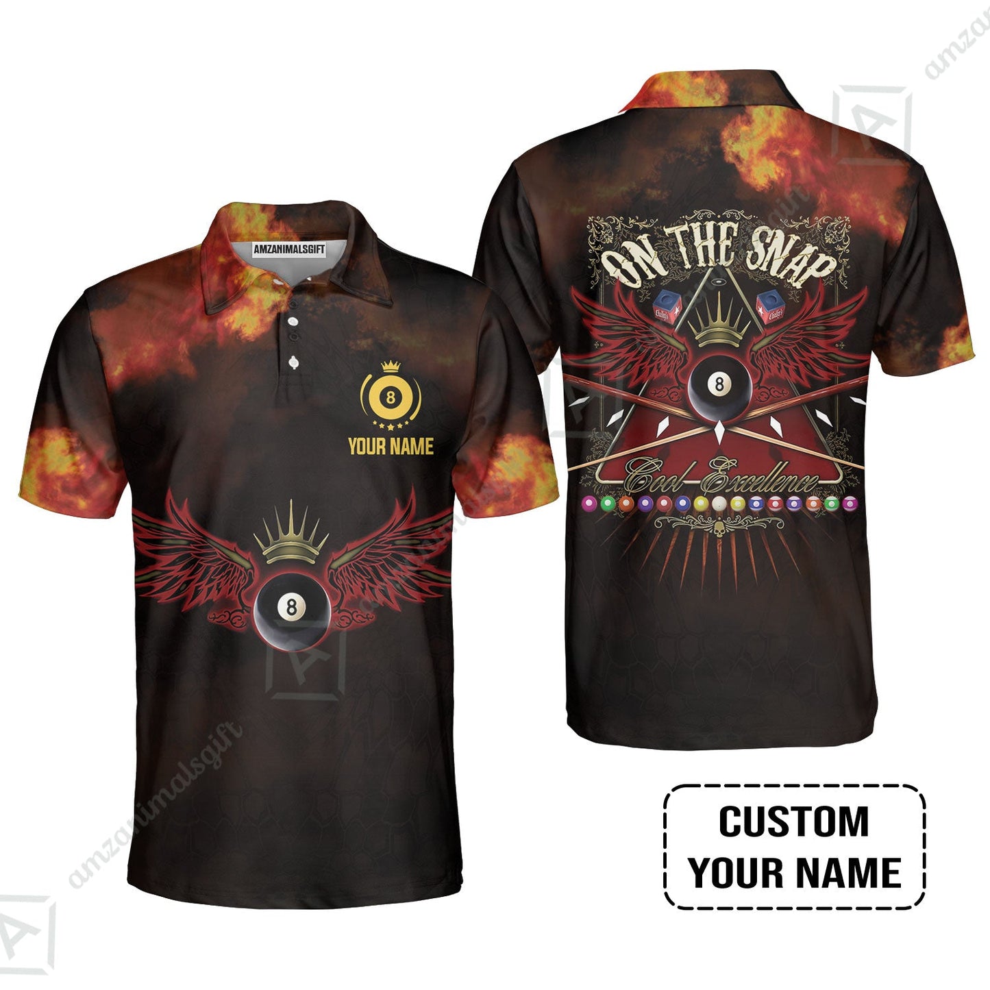 Custom Name Billiard Long Polo Shirt, On The Snap Personalized 8 Ball Pool Billiards Long Polo Shirt