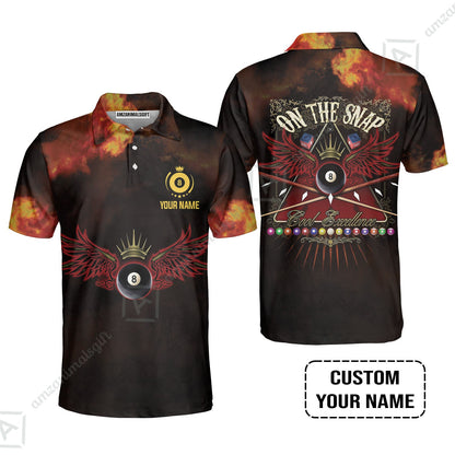 Custom Name Billiard Long Polo Shirt, On The Snap Personalized 8 Ball Pool Billiards Long Polo Shirt