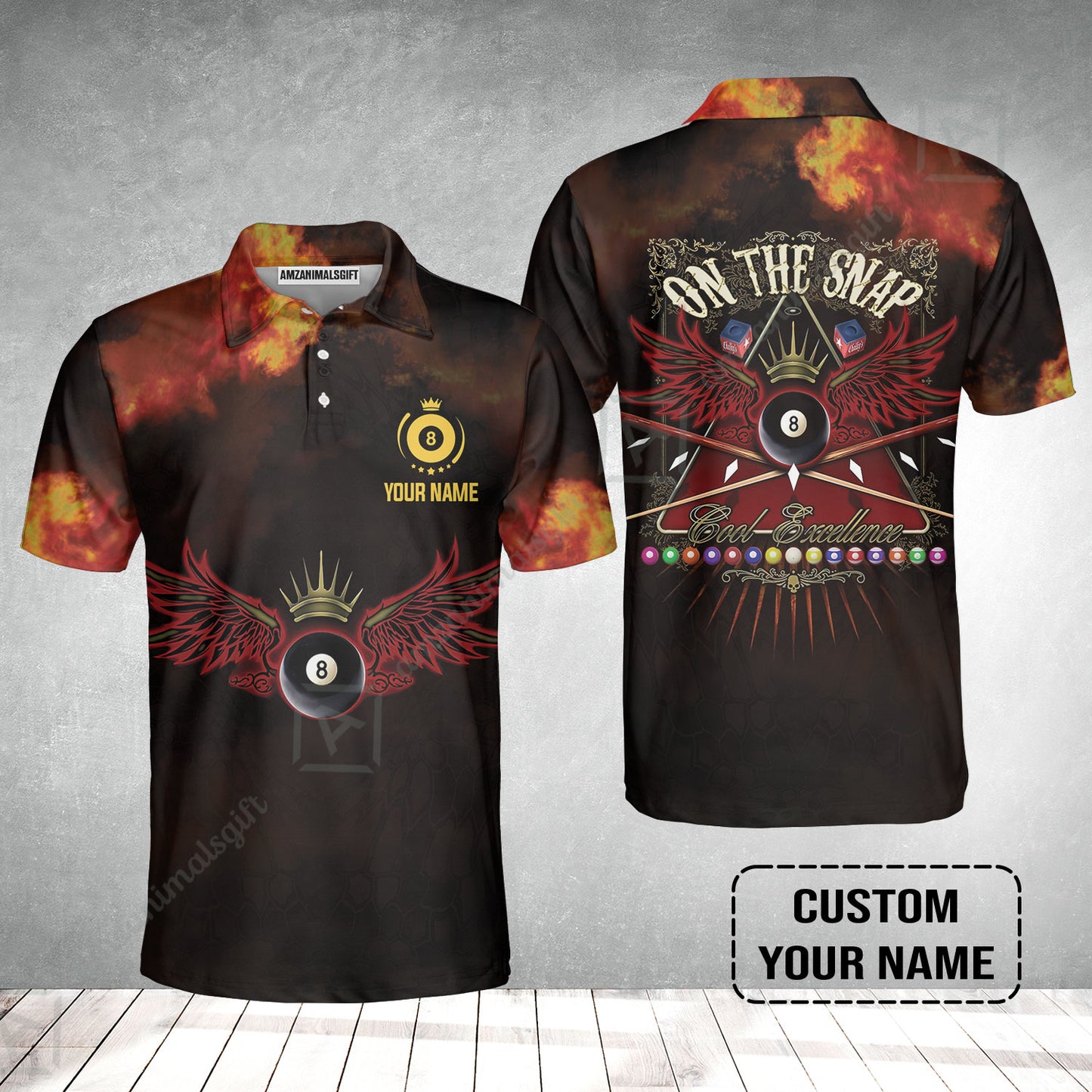 Custom Name Billiard Men Polo Shirt, On The Snap Personalized 8 Ball Pool Billiards Polo Shirts