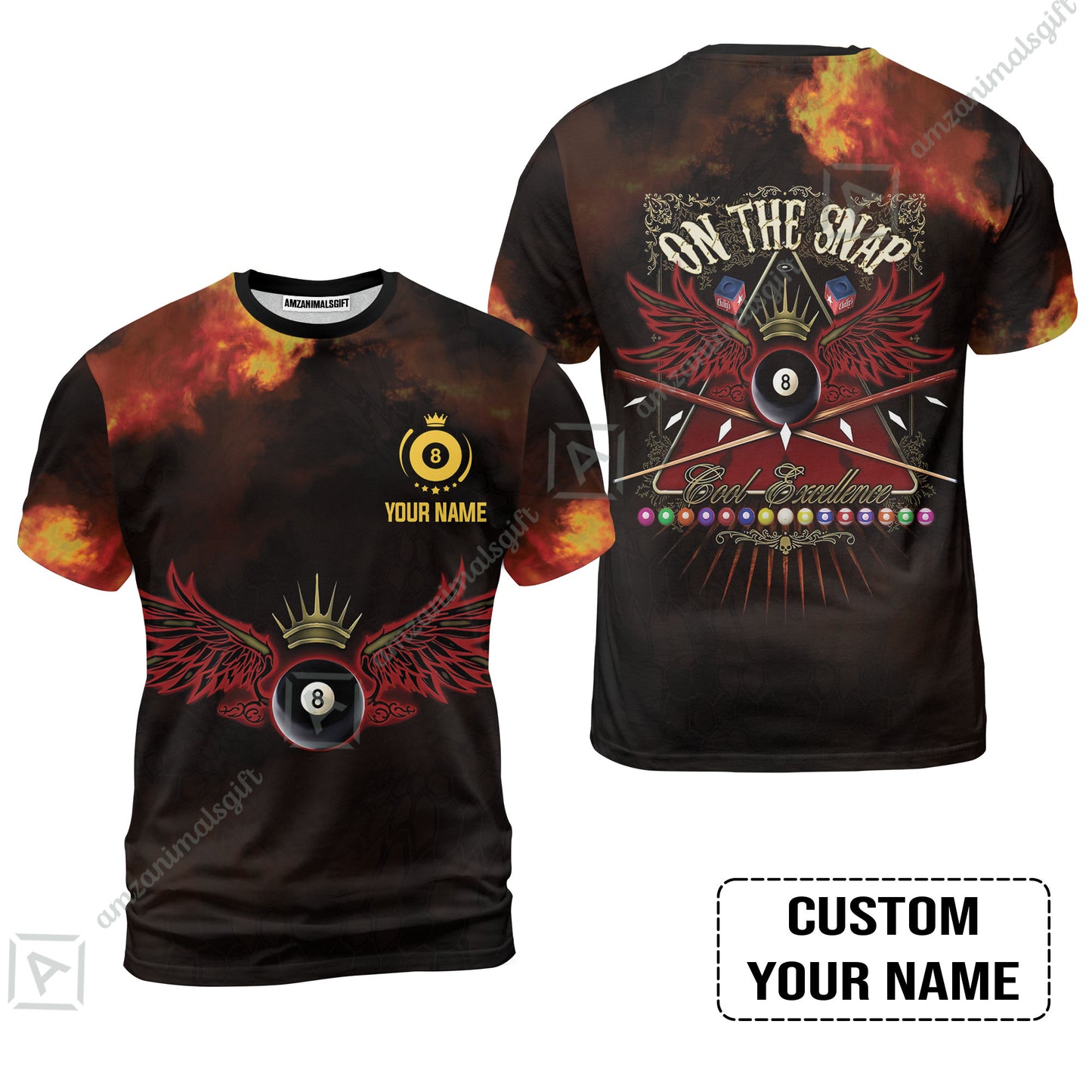 Custom Name Billiard Men Polo Shirt, On The Snap Personalized 8 Ball Pool Billiards Polo Shirts