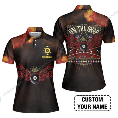 Custom Name Billiard Long Polo Shirt, On The Snap Personalized 8 Ball Pool Billiards Long Polo Shirt