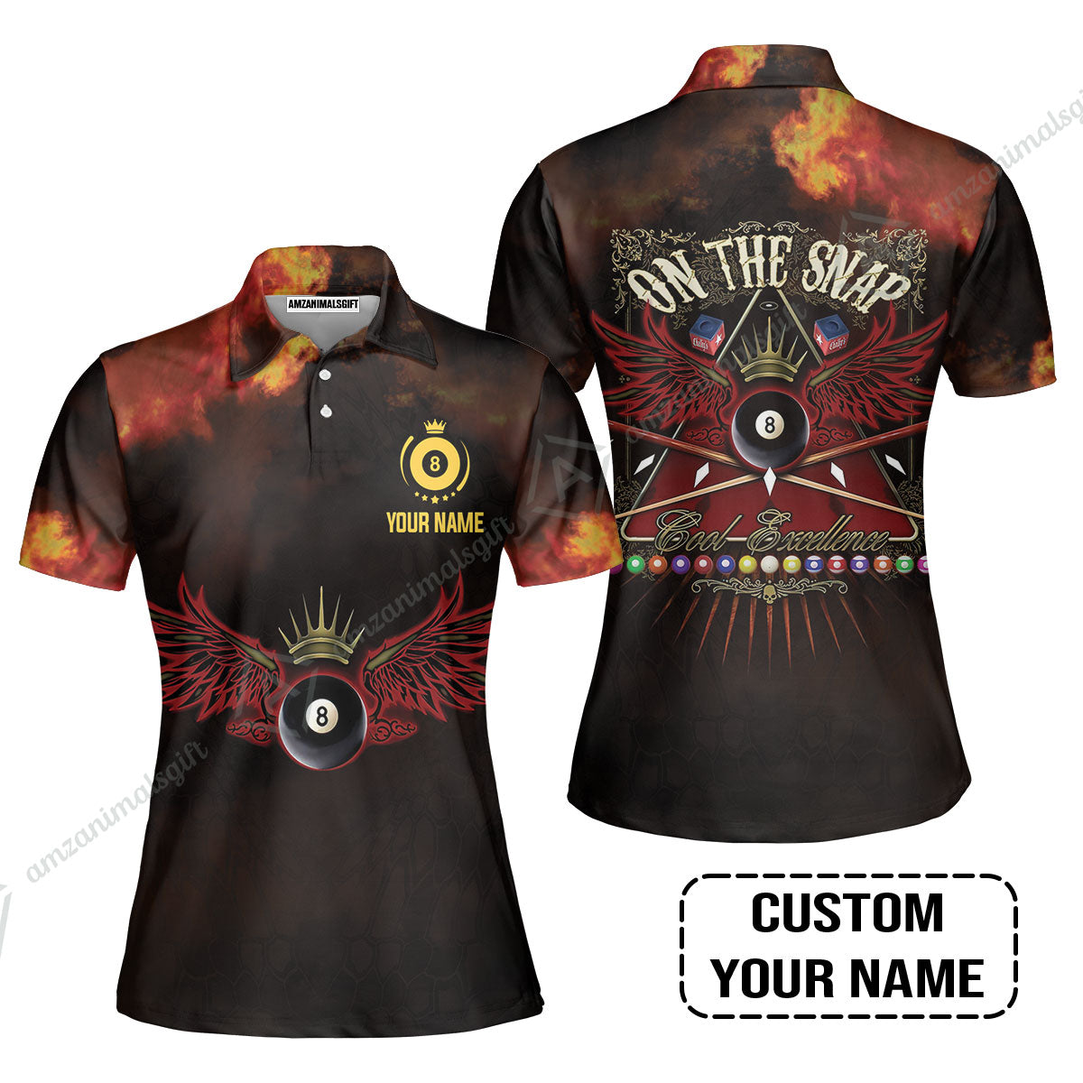 Custom Name Billiard Women Polo Shirt, On The Snap Personalized 8 Ball Pool Billiards Women Polo Shirt