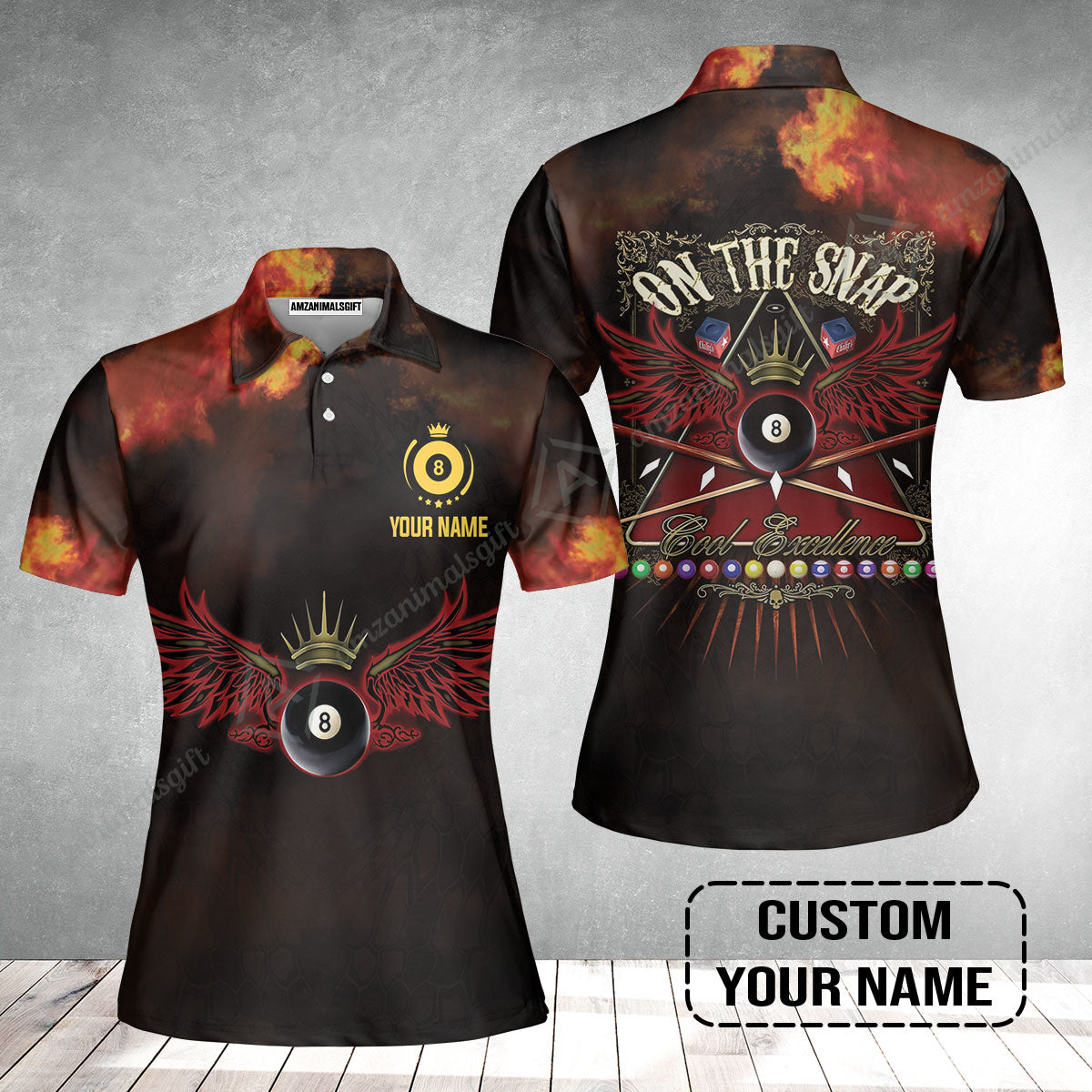 Custom Name Billiard Women Polo Shirt, On The Snap Personalized 8 Ball Pool Billiards Women Polo Shirt