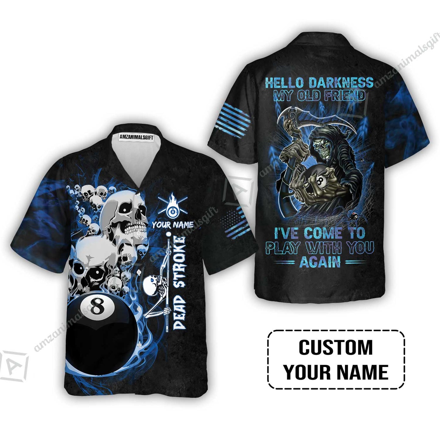 Custom Name Billiard T-Shirt, Personalized Blue Galaxy 8 Ball Pool Billiards, Hello Darkness My Old Friend Long T-Shirt For Billiards Lovers