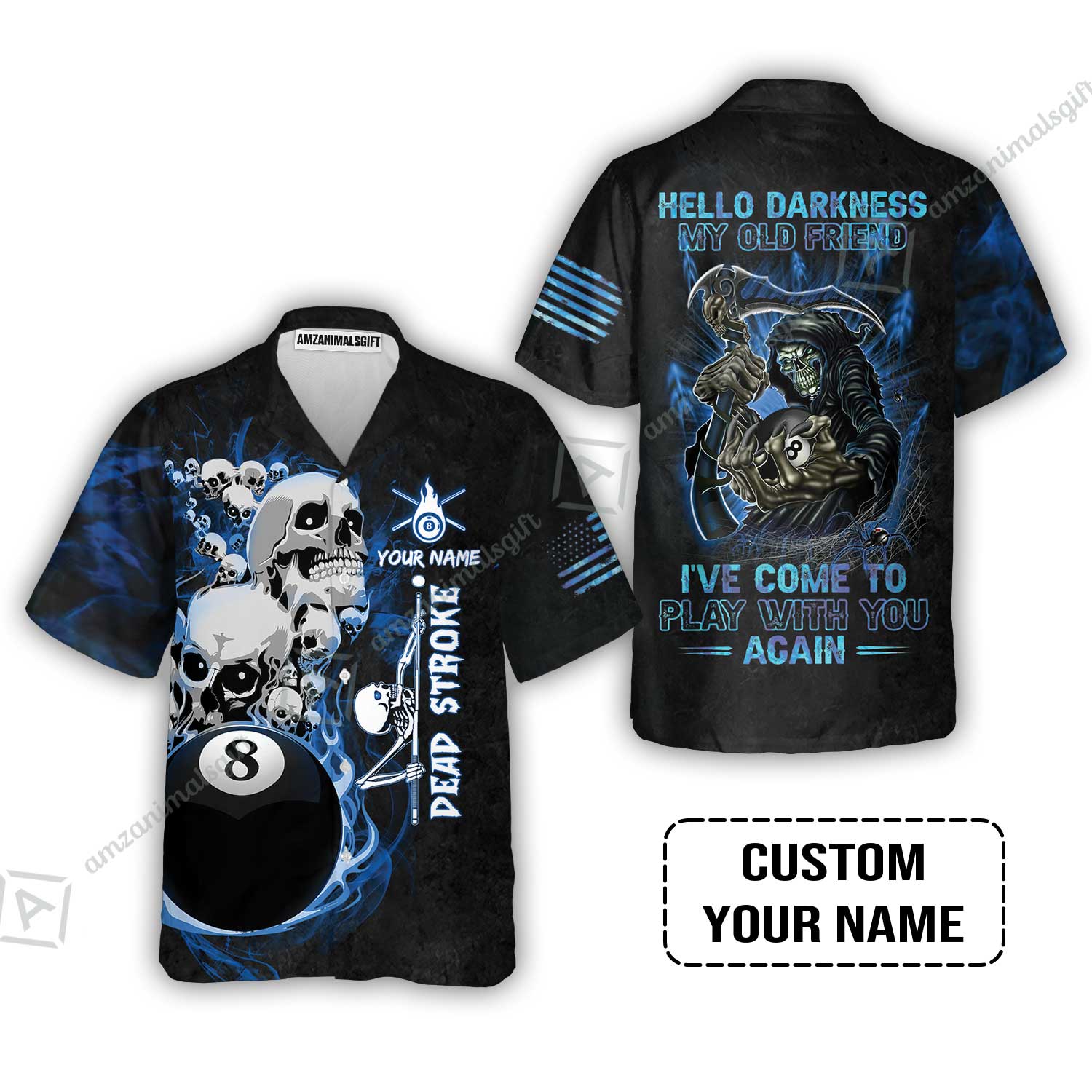 Custom Name Billiard Hawaiian Shirt, Personalized Blue Galaxy 8 Ball Pool Billiards, Hello Darkness My Old Friend Long Hawaiian Shirt For Billiards Lovers