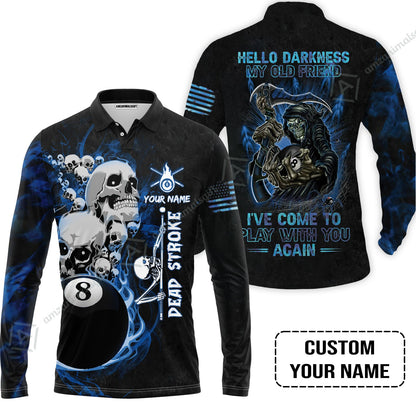 Custom Name Billiard Long Polo Shirt, Personalized Blue Galaxy 8 Ball Pool Billiards, Hello Darkness My Old Friend Long Polo Shirt For Billiards Lovers