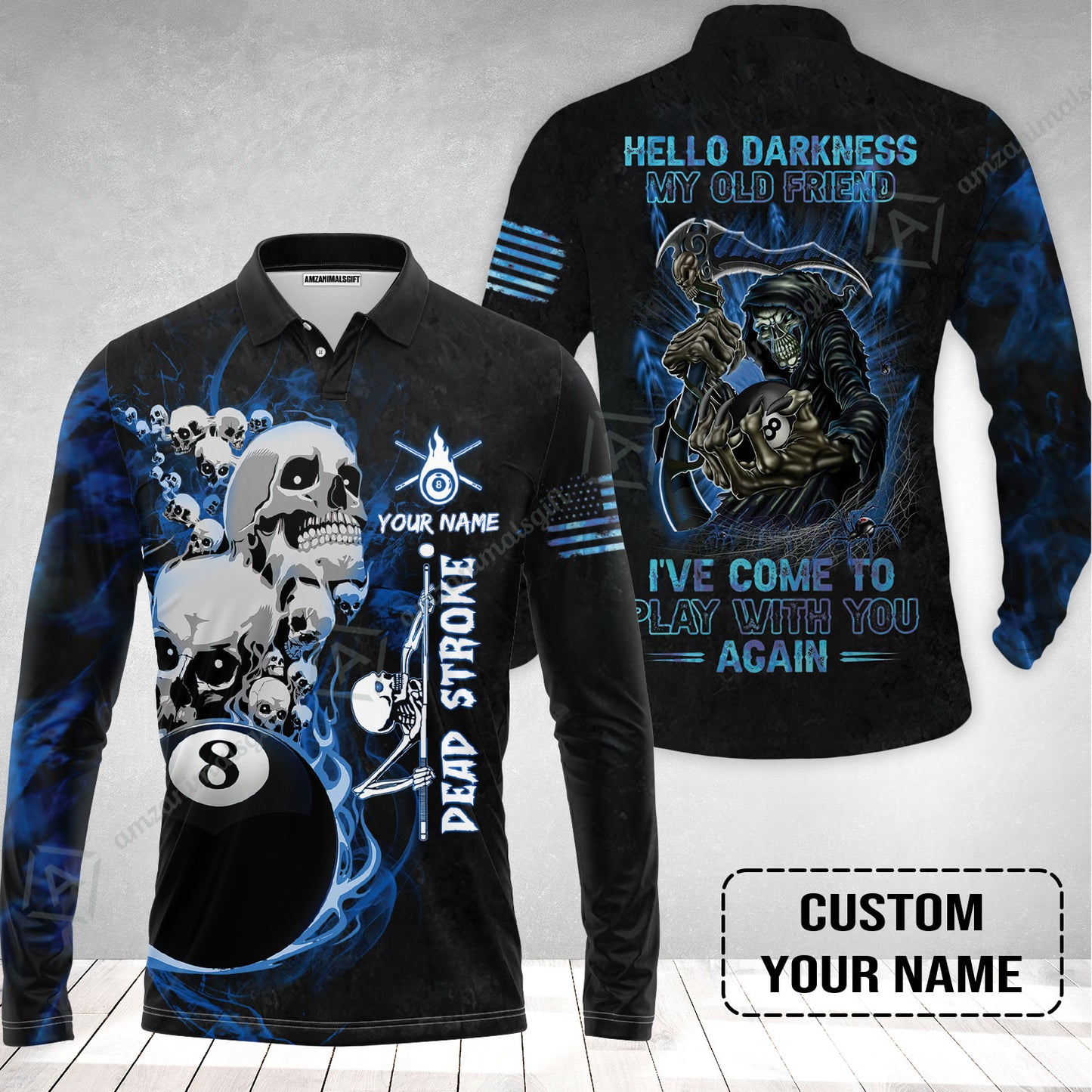Custom Name Billiard Long Polo Shirt, Personalized Blue Galaxy 8 Ball Pool Billiards, Hello Darkness My Old Friend Long Polo Shirt For Billiards Lovers