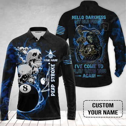 Custom Name Billiard Long Polo Shirt, Personalized Blue Galaxy 8 Ball Pool Billiards, Hello Darkness My Old Friend Long Polo Shirt For Billiards Lovers