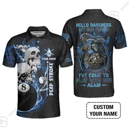 Custom Name Billiard T-Shirt, Personalized Blue Galaxy 8 Ball Pool Billiards, Hello Darkness My Old Friend Long T-Shirt For Billiards Lovers