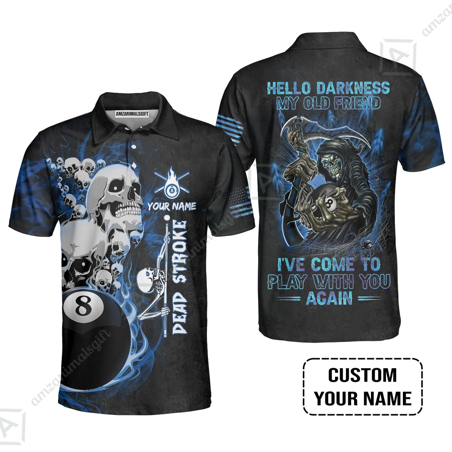 Custom Name Billiard Long Polo Shirt, Personalized Blue Galaxy 8 Ball Pool Billiards, Hello Darkness My Old Friend Long Polo Shirt For Billiards Lovers