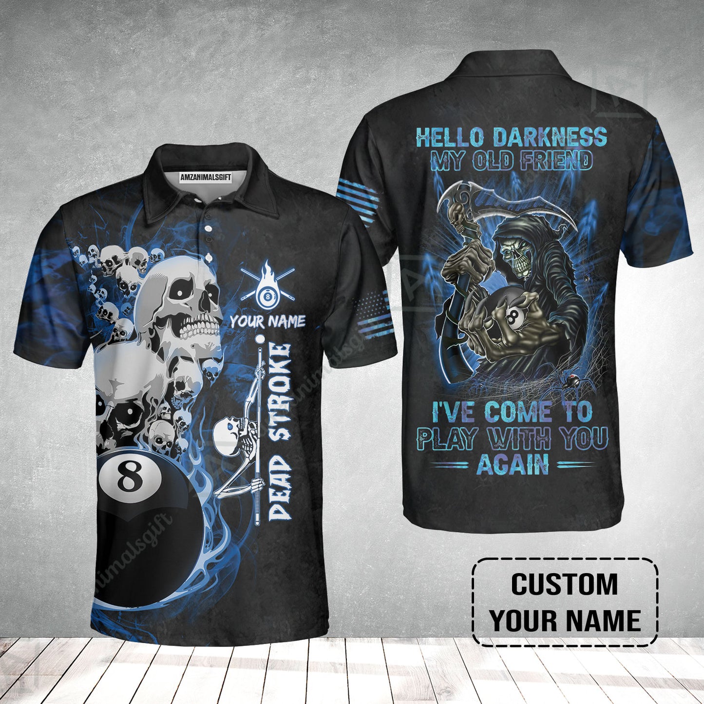 Custom Name Billiard Men Polo Shirt, Personalized Blue Galaxy 8 Ball Pool Billiards, Hello Darkness My Old Friend Polo Shirts For Billiards Lovers