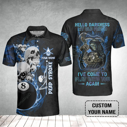 Custom Name Billiard Men Polo Shirt, Personalized Blue Galaxy 8 Ball Pool Billiards, Hello Darkness My Old Friend Polo Shirts For Billiards Lovers