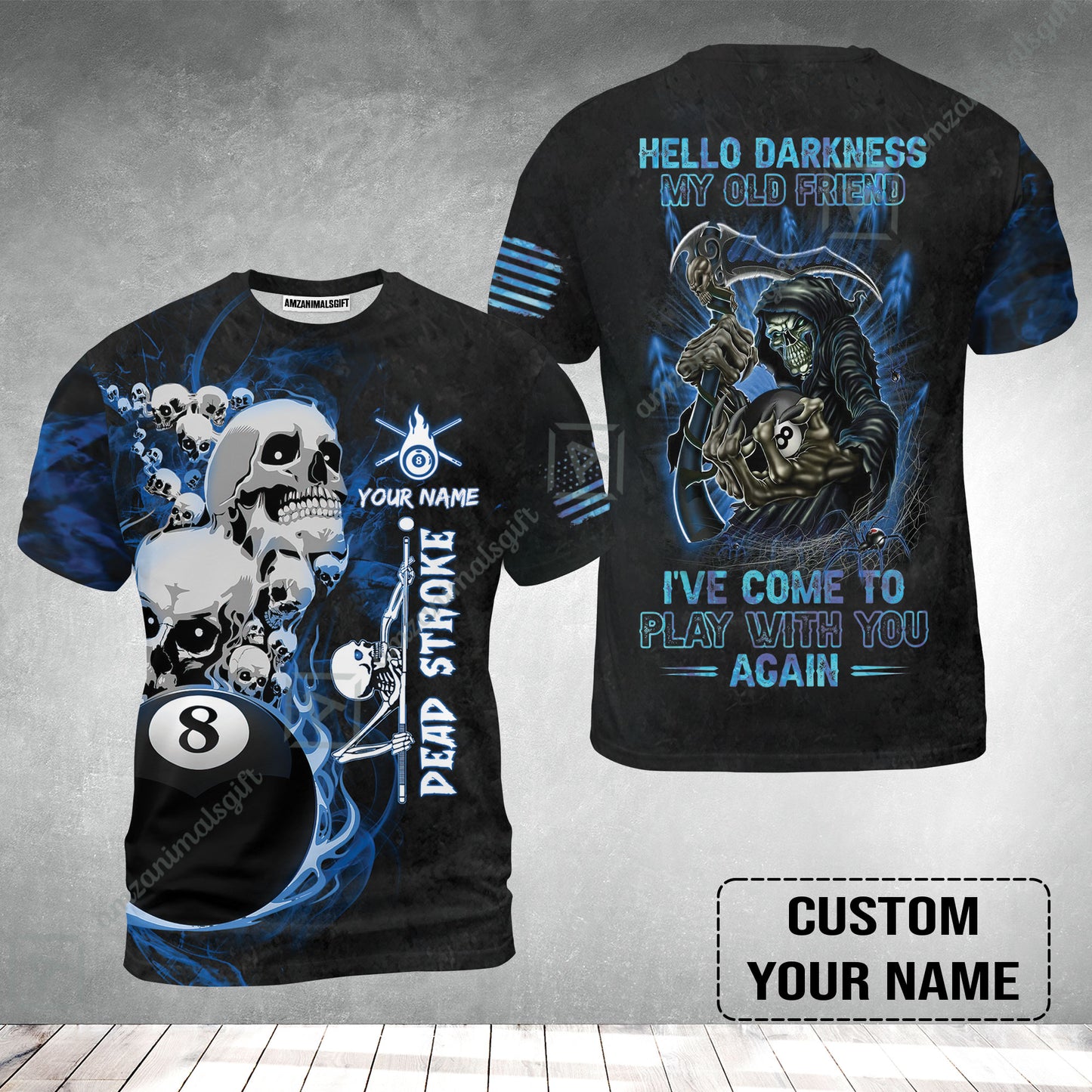 Custom Name Billiard T-Shirt, Personalized Blue Galaxy 8 Ball Pool Billiards, Hello Darkness My Old Friend Long T-Shirt For Billiards Lovers
