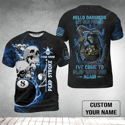 Custom Name Billiard T-Shirt, Personalized Blue Galaxy 8 Ball Pool Billiards, Hello Darkness My Old Friend Long T-Shirt For Billiards Lovers