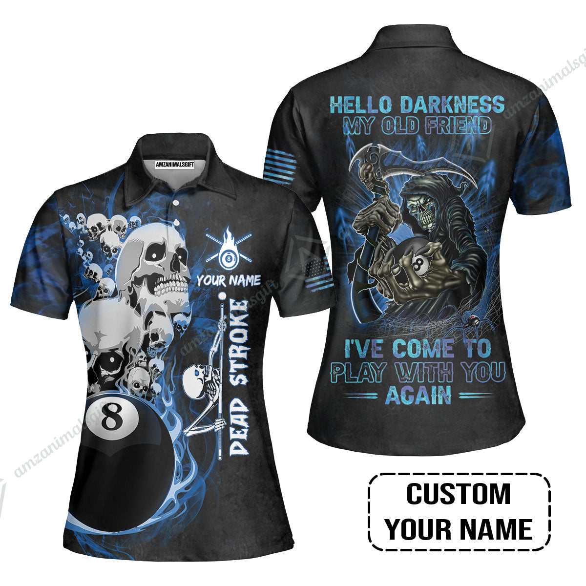 Custom Name Billiard Women Polo Shirt, Personalized Blue Galaxy 8 Ball Pool Billiards, Hello Darkness My Old Friend Long Women Polo Shirt For Billiards Lovers