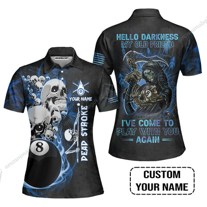 Custom Name Billiard Women Polo Shirt, Personalized Blue Galaxy 8 Ball Pool Billiards, Hello Darkness My Old Friend Long Women Polo Shirt For Billiards Lovers