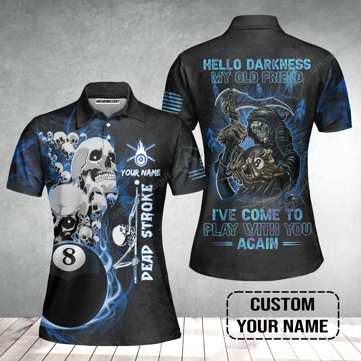 Custom Name Billiard Women Polo Shirt, Personalized Blue Galaxy 8 Ball Pool Billiards, Hello Darkness My Old Friend Long Women Polo Shirt For Billiards Lovers