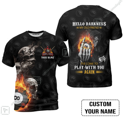 Custom Name Billiard Long Polo Shirt, Personalized Skull Reaper 8 Ball Pool Billiards, Hello Darkness My Old Friend Long Polo Shirt