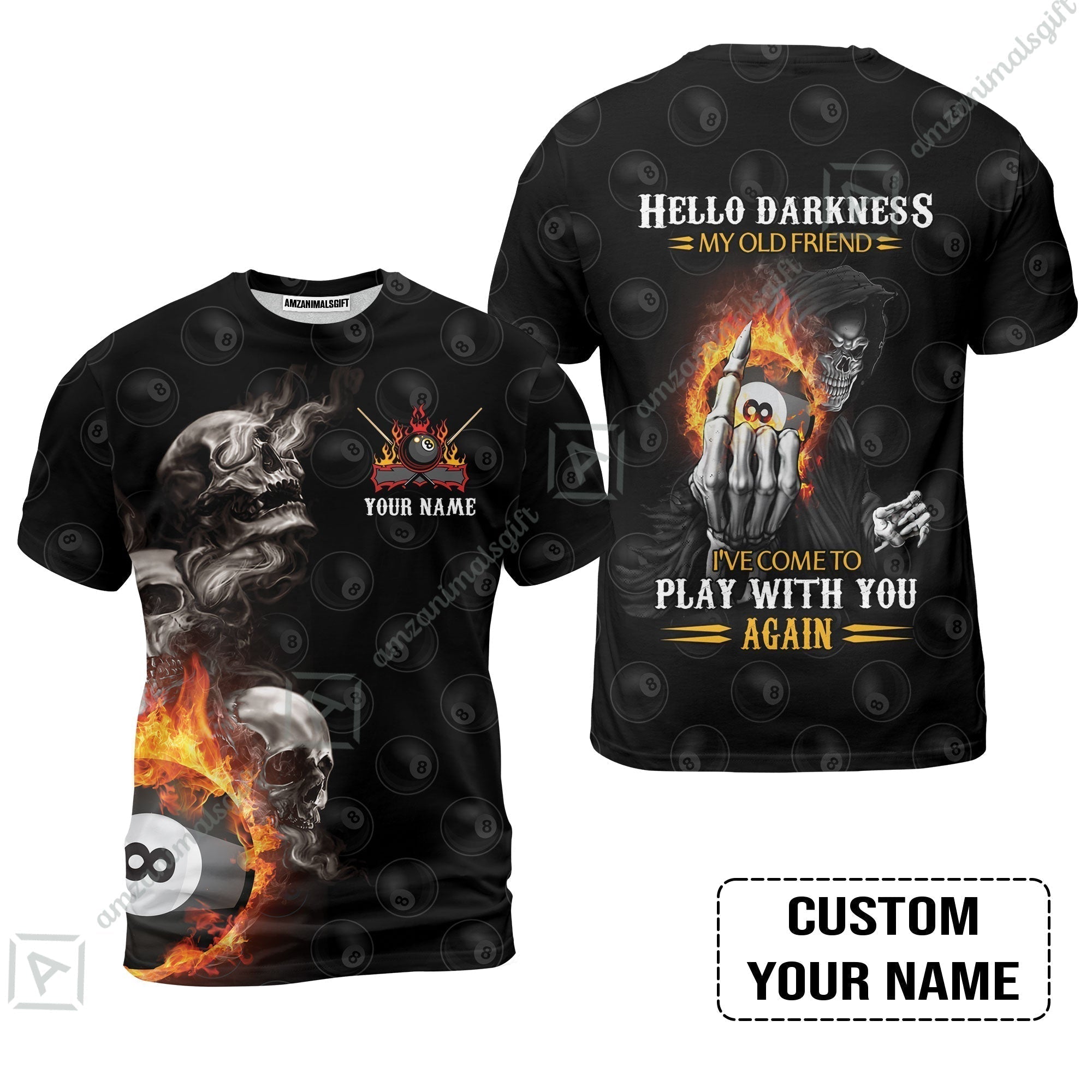 Custom Name Billiard T-Shirt, Personalized Skull Reaper 8 Ball Pool Billiards, Hello Darkness My Old Friend T-Shirt