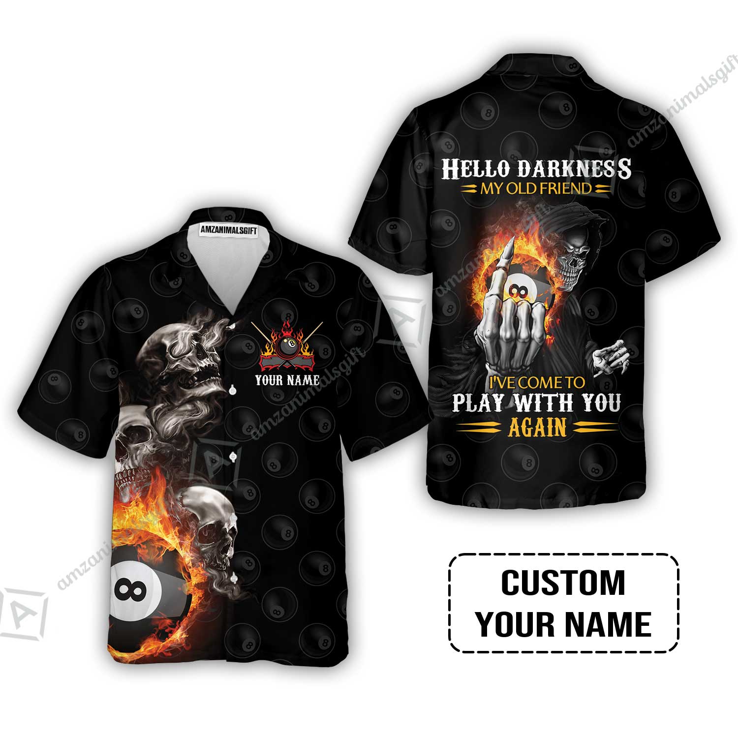Custom Name Billiard Hawaiian Shirt, Personalized Skull Reaper 8 Ball Pool Billiards, Hello Darkness My Old Friend Hawaiian Shirt