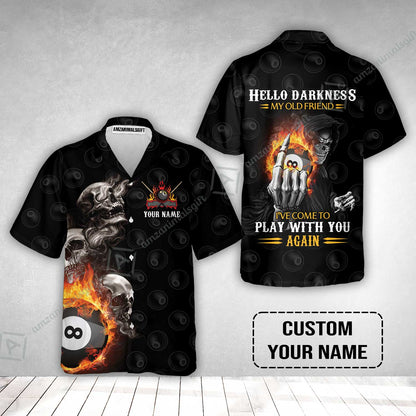 Custom Name Billiard Hawaiian Shirt, Personalized Skull Reaper 8 Ball Pool Billiards, Hello Darkness My Old Friend Hawaiian Shirt