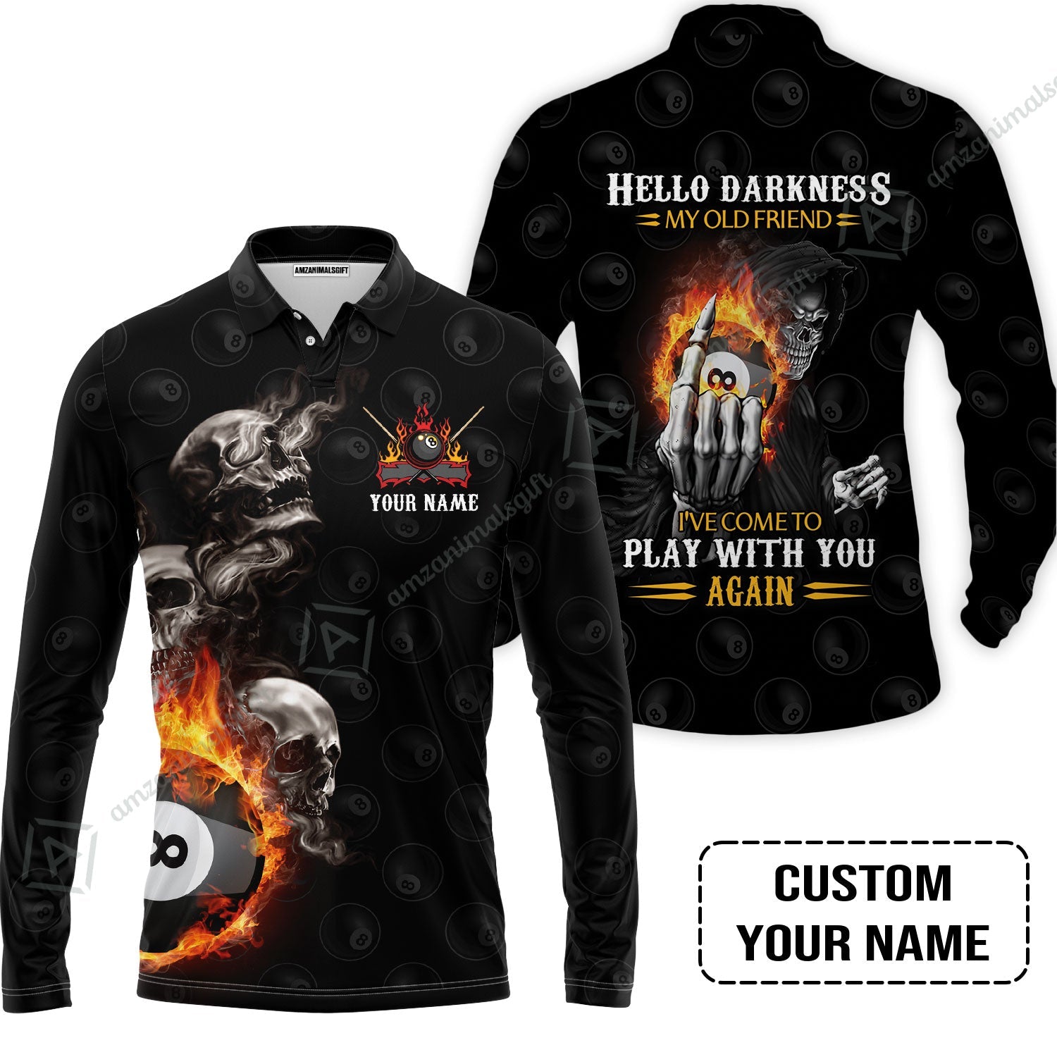Custom Name Billiard Long Polo Shirt, Personalized Skull Reaper 8 Ball Pool Billiards, Hello Darkness My Old Friend Long Polo Shirt