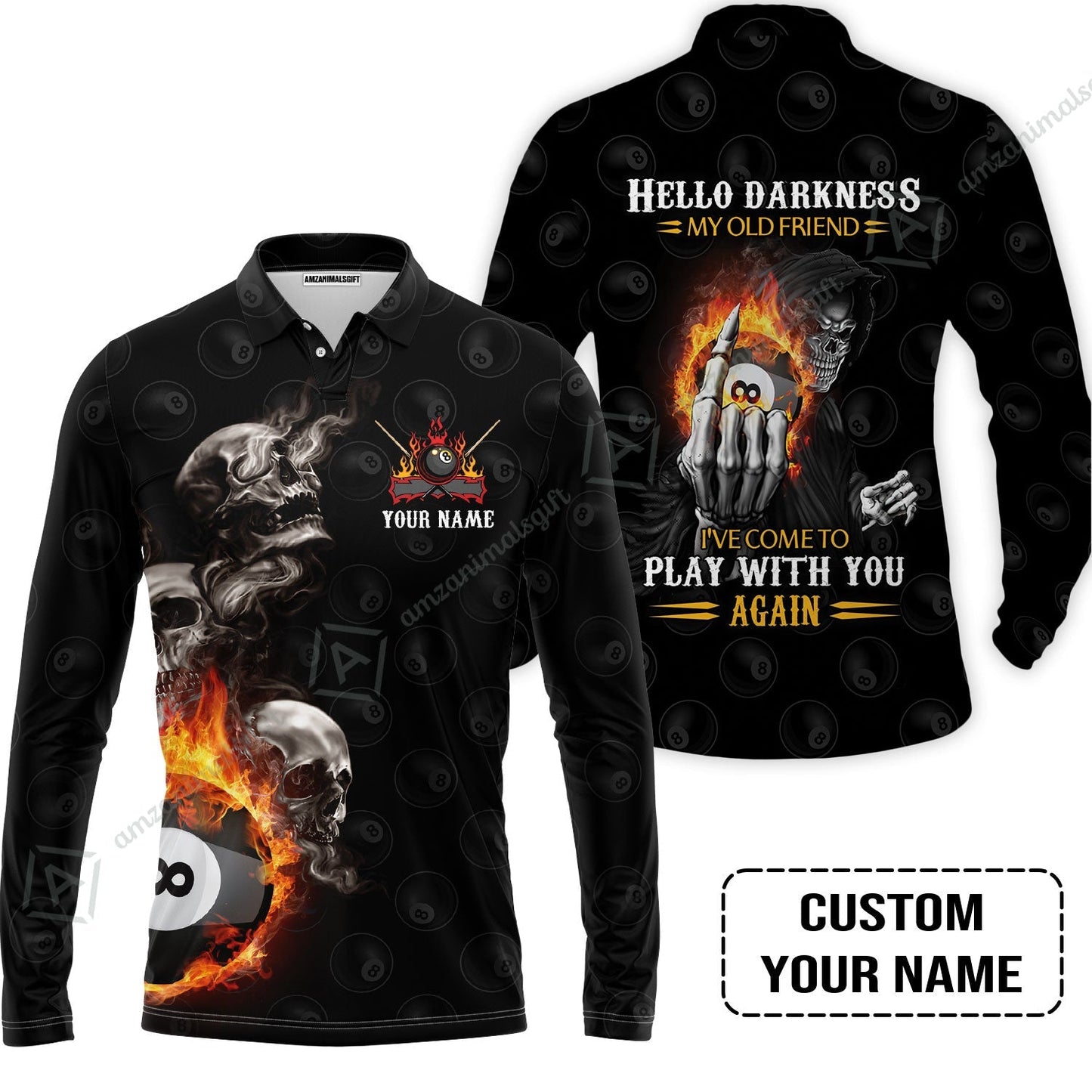Custom Name Billiard Hoodie, Personalized Skull Reaper 8 Ball Pool Billiards, Hello Darkness My Old Friend Hoodie