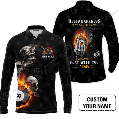 Custom Name Billiard Hoodie, Personalized Skull Reaper 8 Ball Pool Billiards, Hello Darkness My Old Friend Hoodie