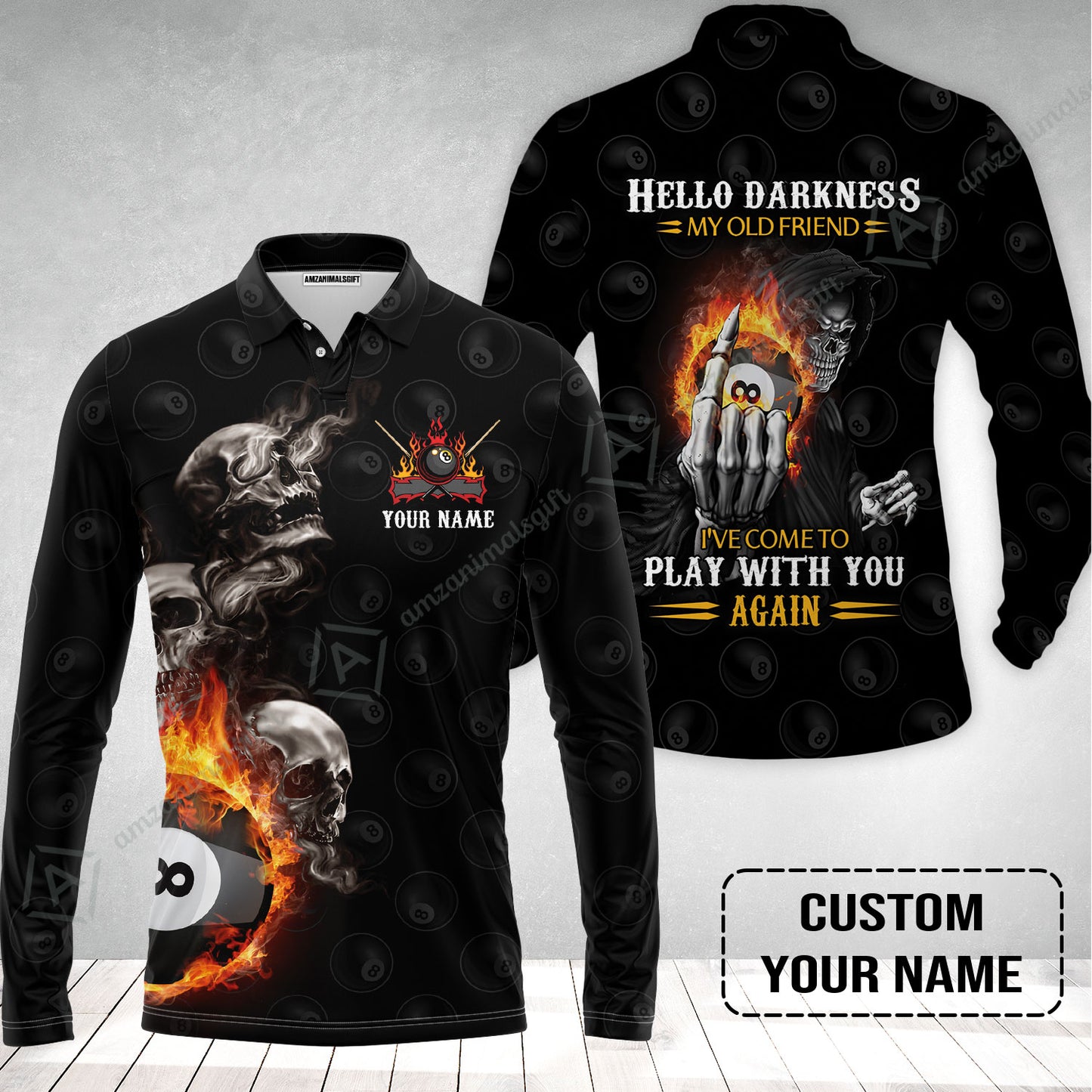 Custom Name Billiard Long Polo Shirt, Personalized Skull Reaper 8 Ball Pool Billiards, Hello Darkness My Old Friend Long Polo Shirt