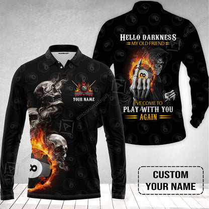 Custom Name Billiard Long Polo Shirt, Personalized Skull Reaper 8 Ball Pool Billiards, Hello Darkness My Old Friend Long Polo Shirt