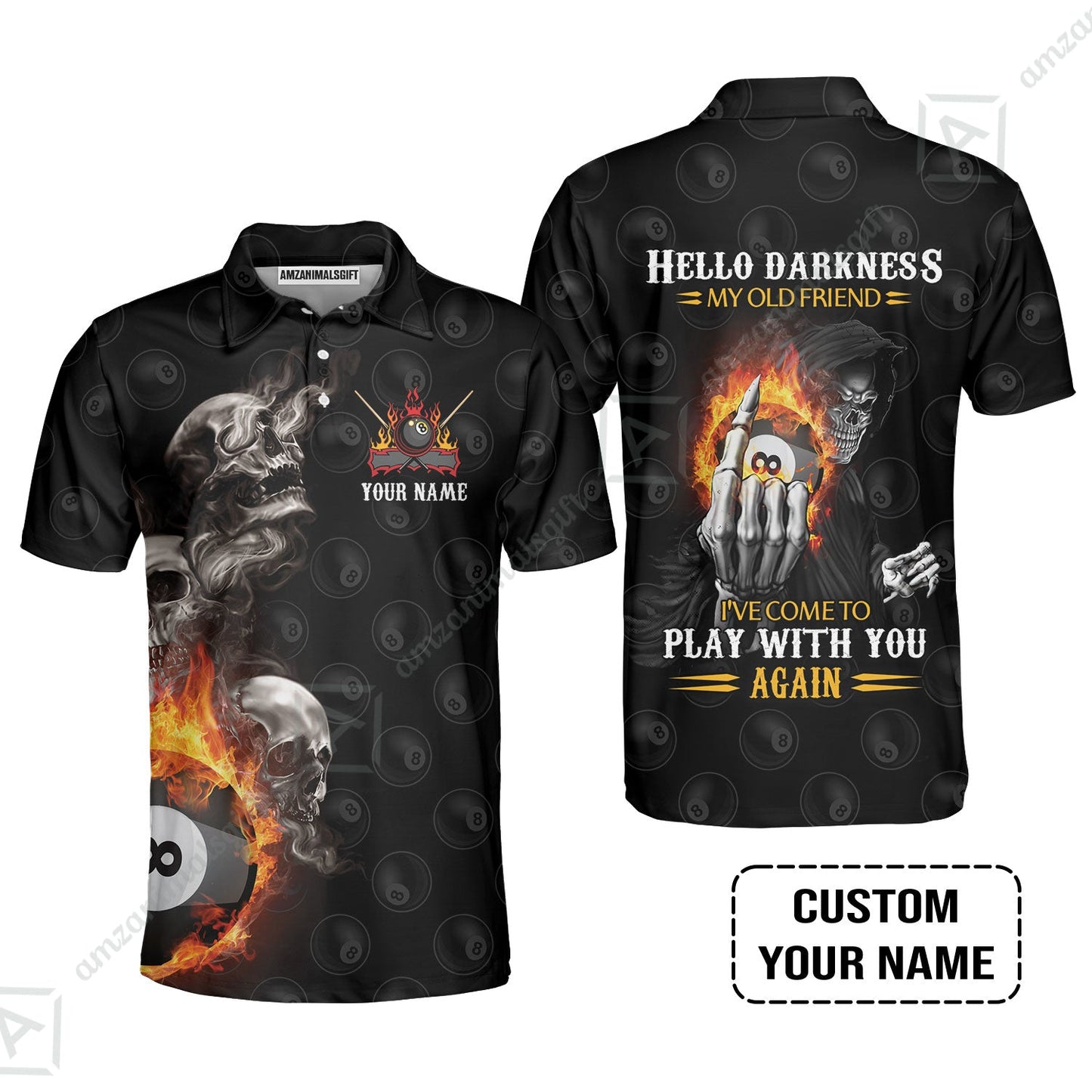 Custom Name Billiard Long Polo Shirt, Personalized Skull Reaper 8 Ball Pool Billiards, Hello Darkness My Old Friend Long Polo Shirt