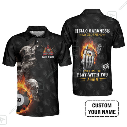 Custom Name Billiard Long Polo Shirt, Personalized Skull Reaper 8 Ball Pool Billiards, Hello Darkness My Old Friend Long Polo Shirt